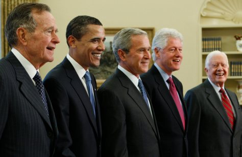President George W. Bush, center, poses with President-elect Barack Obama, and former presidents, from left, George H.W. Bush, left, Bill Clinton and Jimmy Carter, right, Wednesday, Jan. 7, 2009, in the Oval Office of the White House in Washington. (AP Photo/J. Scott Applewhite)